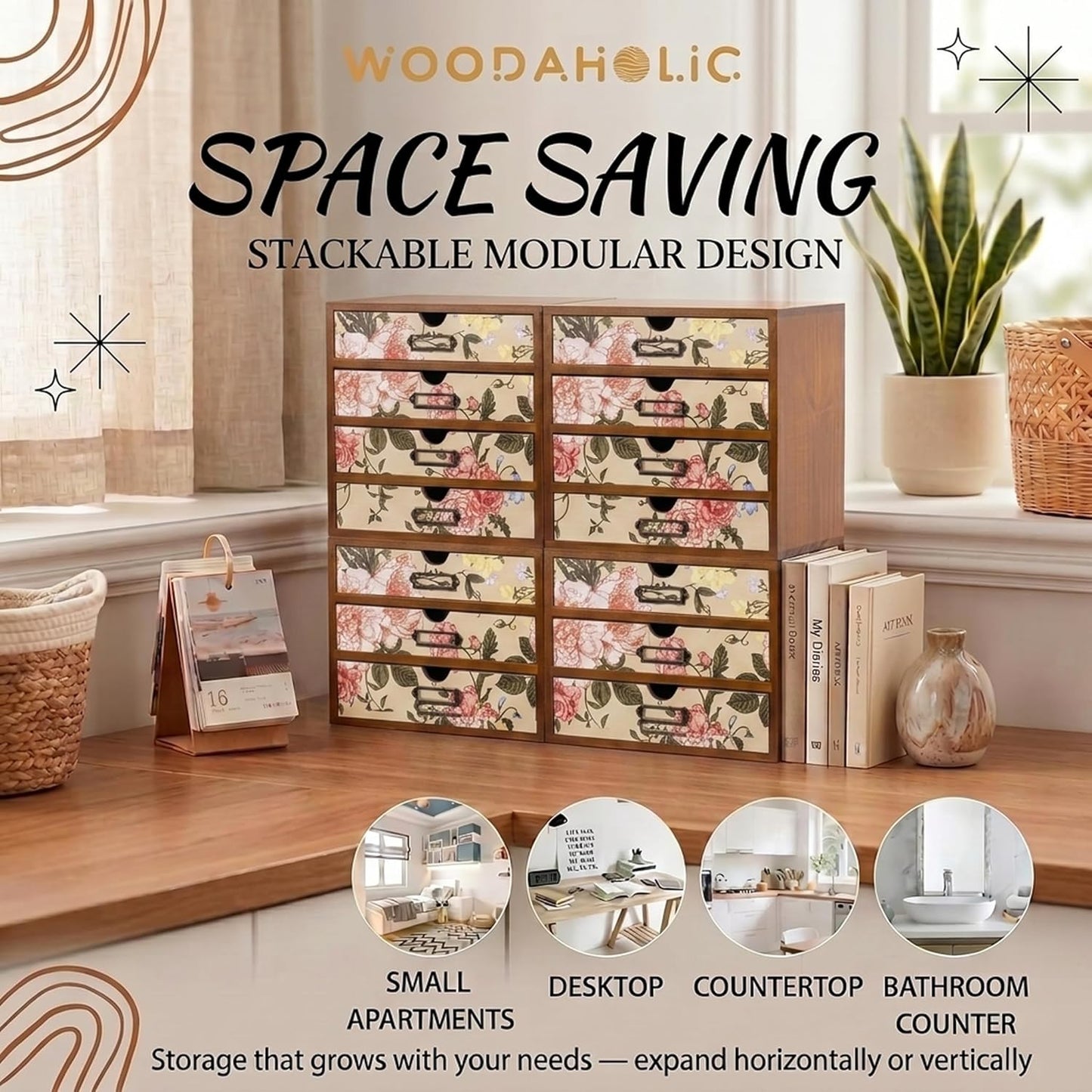 Victorian Floral 16-Drawer Wooden Organizer Set - Modular Stackable Desktop Storage Cabinet for Desk, Vanity
