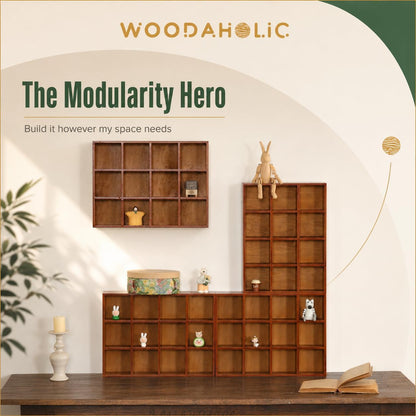 48-Compartment Wooden Cubby Display Shelf Set - 4-Pack Stackable Curio Organizer for Mini Figures, Shot Glasses, Crystals & Collectibles
