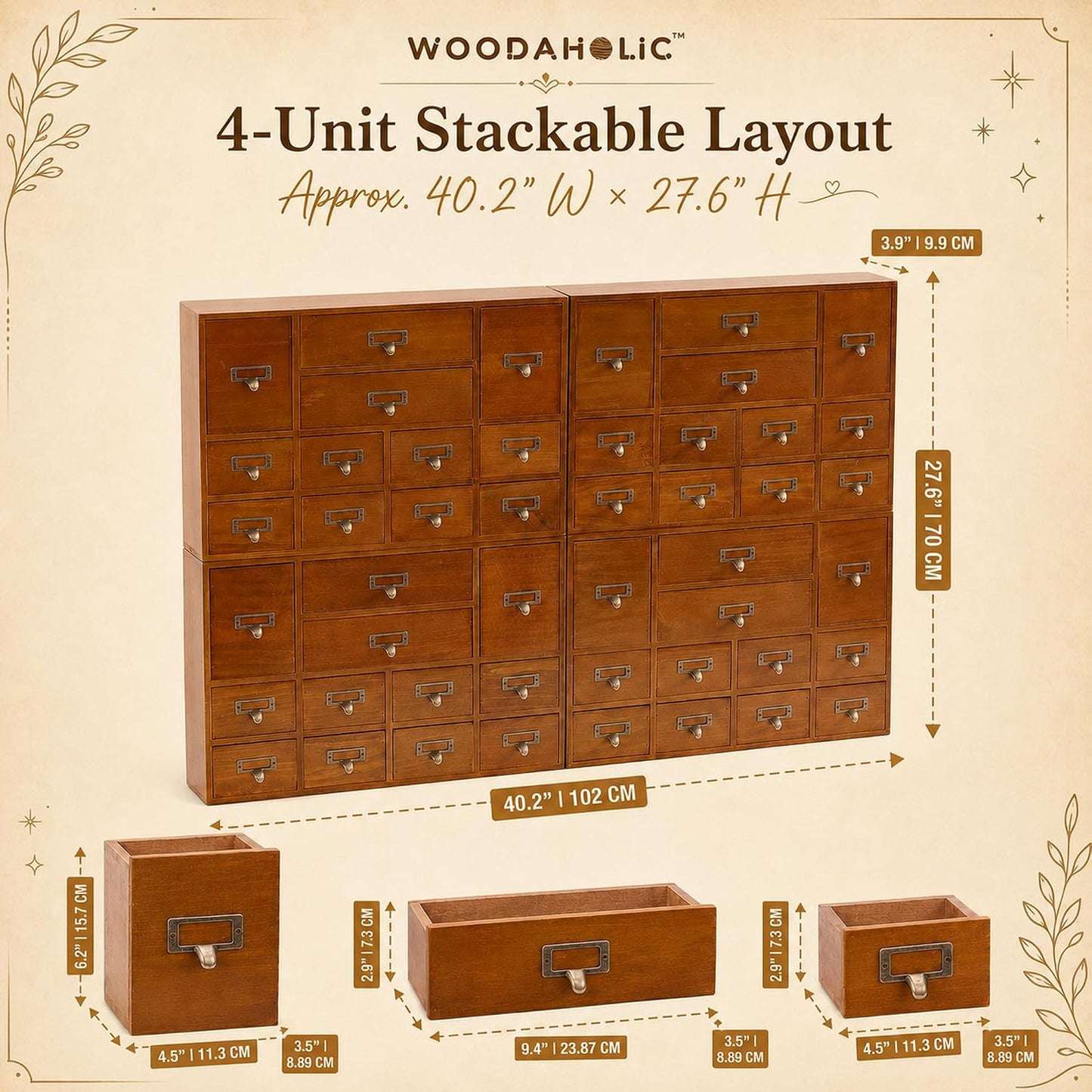 48-Drawer Library Card Catalog Organizer - Stackable Wooden Apothecary Storage Cabinet for Tea, Essential Oils, Office Supplies & Small Parts