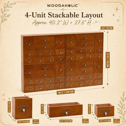 48-Drawer Library Card Catalog Organizer - Stackable Wooden Apothecary Storage Cabinet for Tea, Essential Oils, Office Supplies & Small Parts