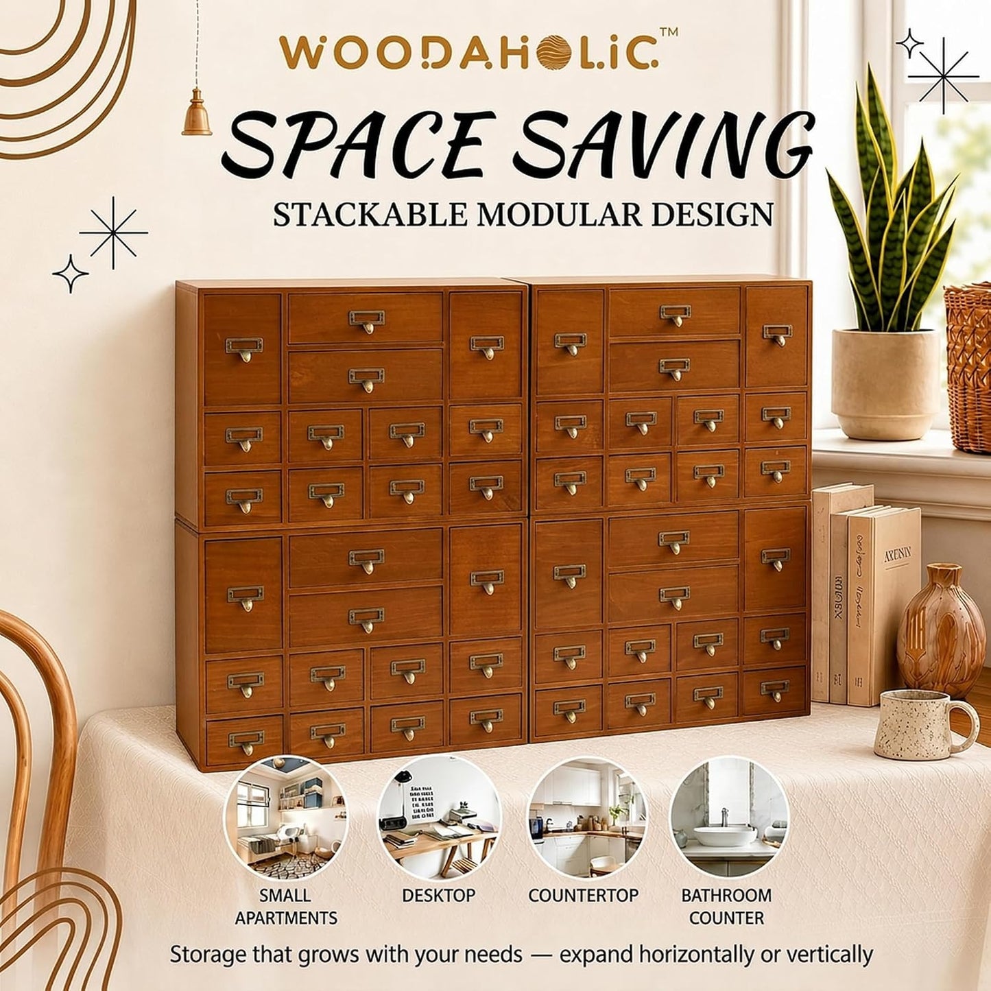 48-Drawer Library Card Catalog Organizer - Stackable Wooden Apothecary Storage Cabinet for Tea, Essential Oils, Office Supplies & Small Parts
