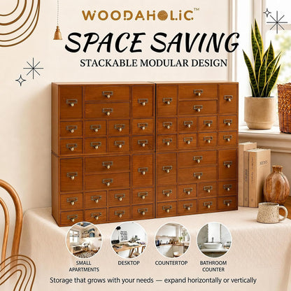 48-Drawer Library Card Catalog Organizer - Stackable Wooden Apothecary Storage Cabinet for Tea, Essential Oils, Office Supplies & Small Parts