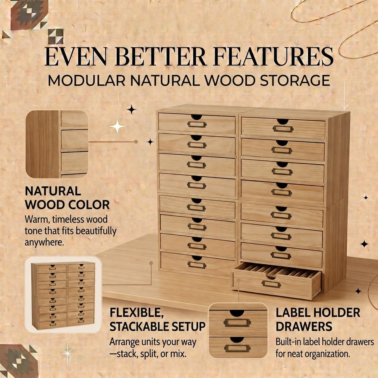 Natural Pine 16-Drawer Wooden Organizer - Modular Stackable Storage Cabinet for Office Supplies, Makeup, Tea Bags & Small Household Items