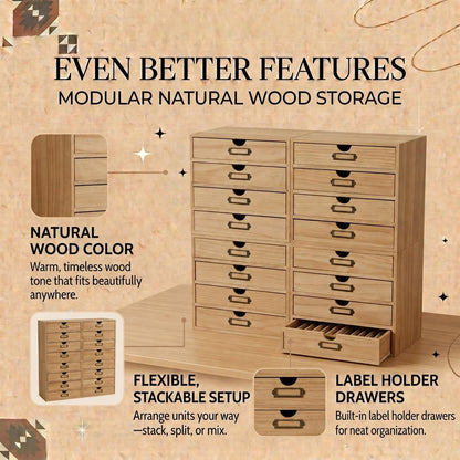 Natural Pine 16-Drawer Wooden Organizer - Modular Stackable Storage Cabinet for Office Supplies, Makeup, Tea Bags & Small Household Items