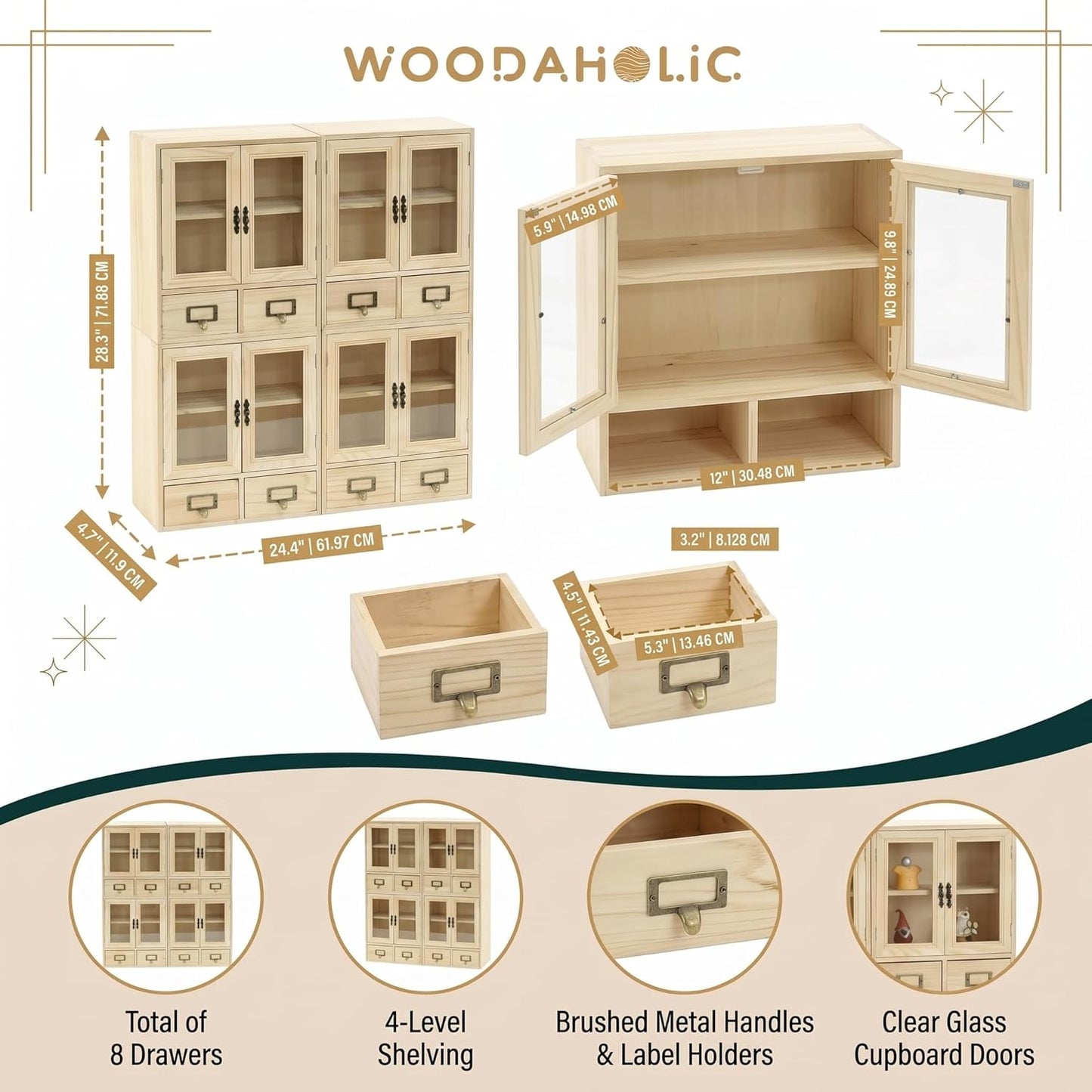 Natural Pine Glass Door Display Cabinet Set - Stackable 4-Piece Wooden Storage Organizer with 8 Drawers for Collectibles, Tea, Crafts & Decor