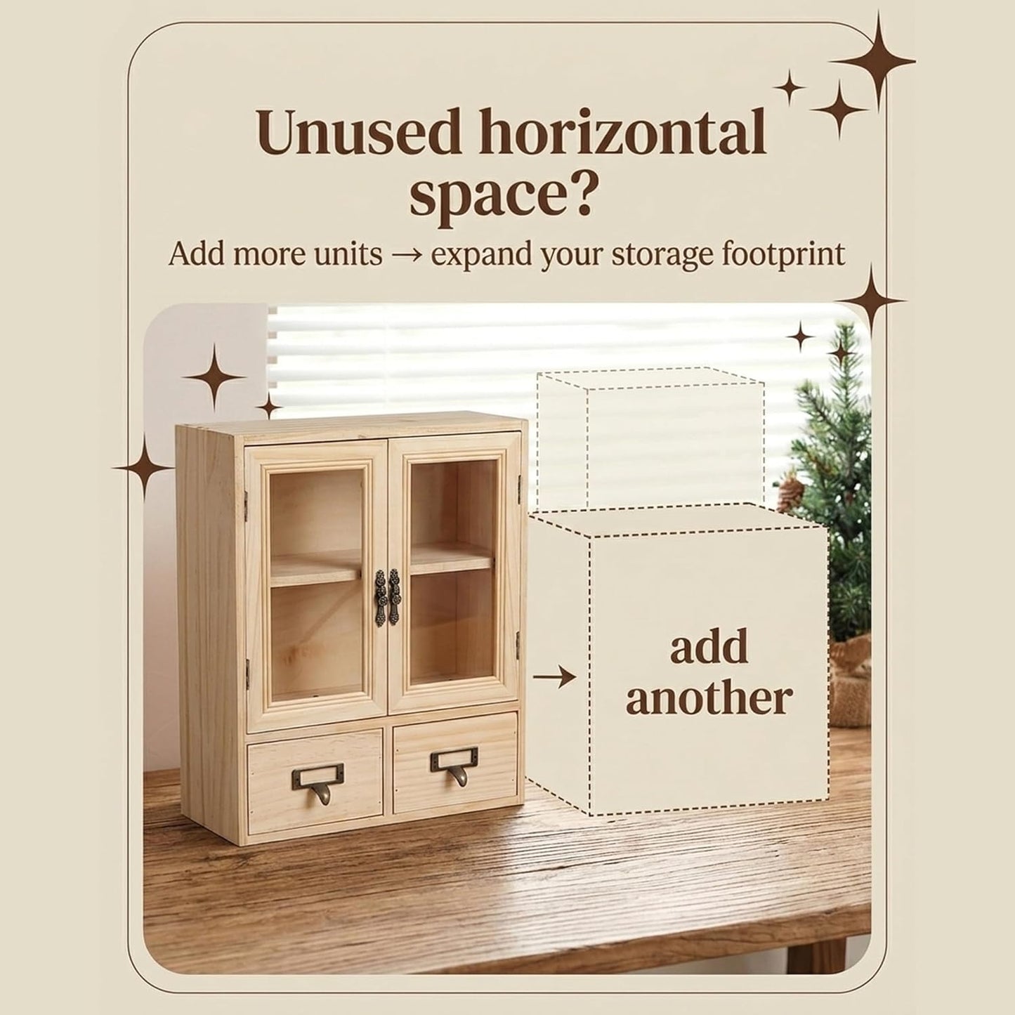 Natural Pine Glass Door Display Cabinet Set - Stackable 4-Piece Wooden Storage Organizer with 8 Drawers for Collectibles, Tea, Crafts & Decor
