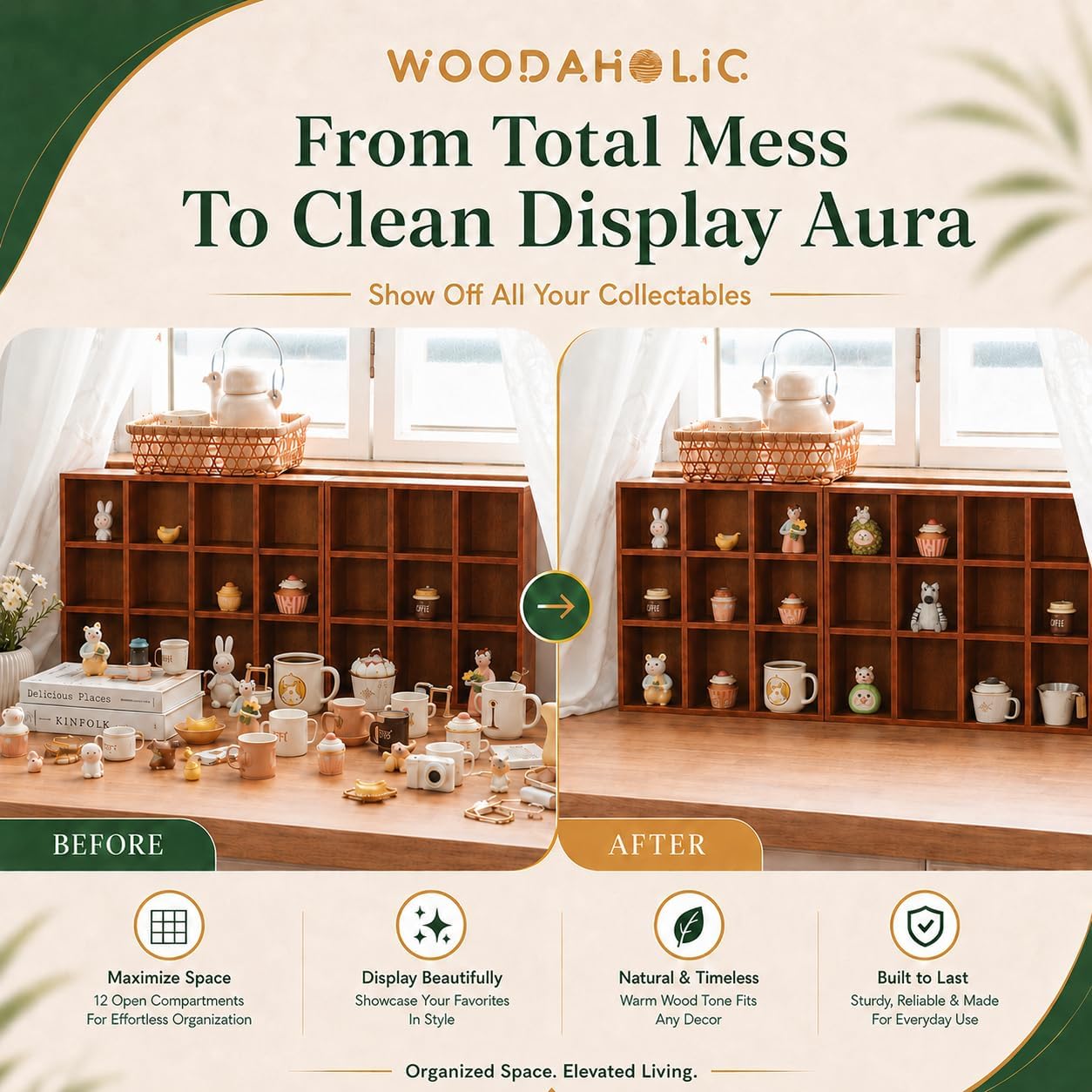 48-Compartment Wooden Cubby Display Shelf Set - 4-Pack Stackable Curio Organizer for Mini Figures, Shot Glasses, Crystals & Collectibles