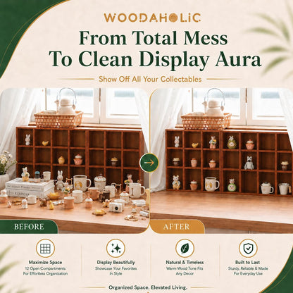 48-Compartment Wooden Cubby Display Shelf Set - 4-Pack Stackable Curio Organizer for Mini Figures, Shot Glasses, Crystals & Collectibles
