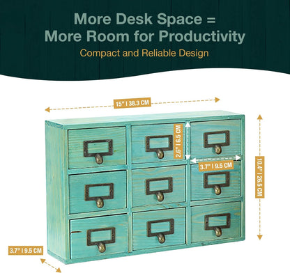 Teal Wooden Drawer Organizer for Desktop - Vintage Apothecary Cabinet With 9 Drawers - Wood Desk Organizer