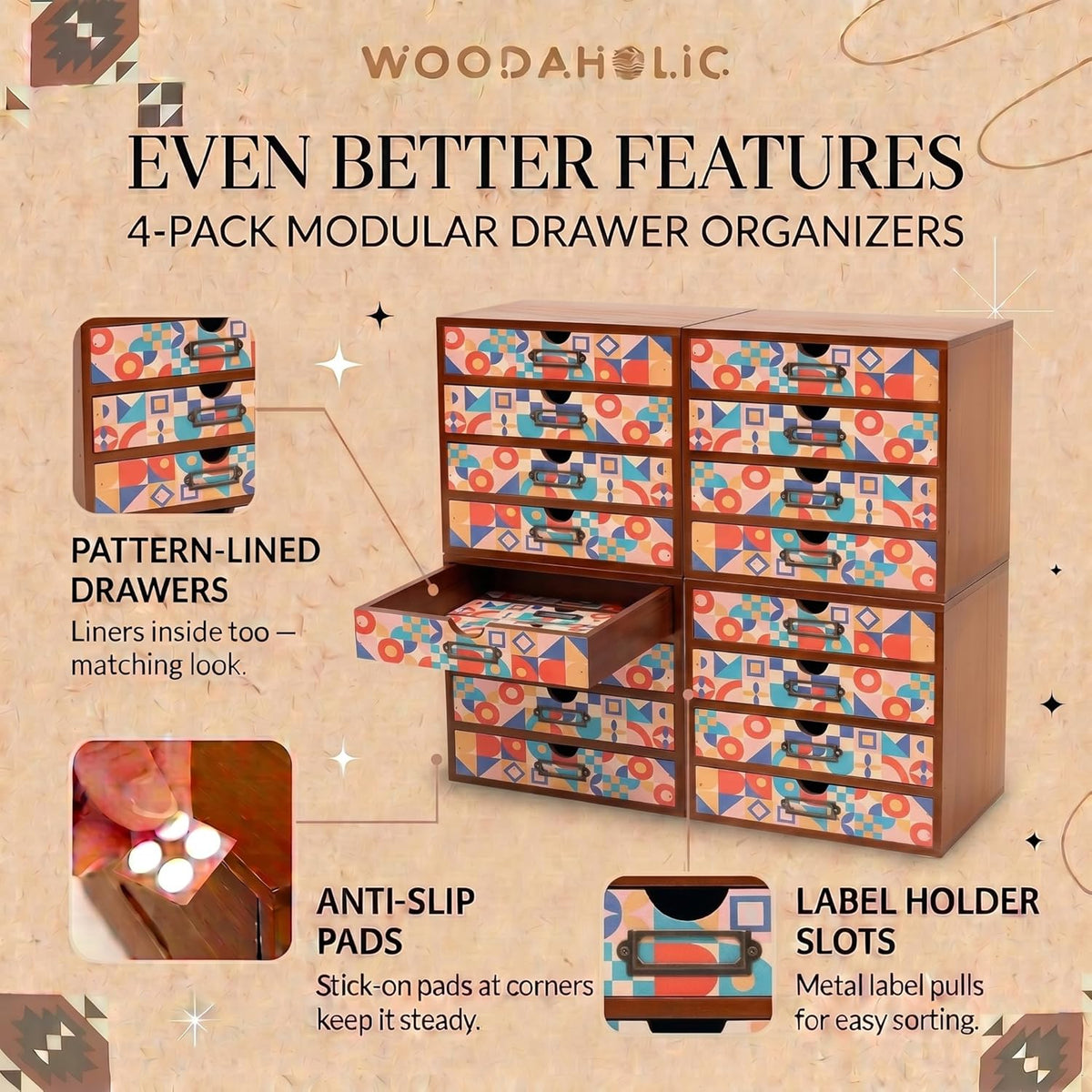 Colorful Mid-Century Modern 16-Drawer Organizer - Stackable Wooden Storage Cabinet with Label Holders for Makeup, Cables, Stationery & Accessories