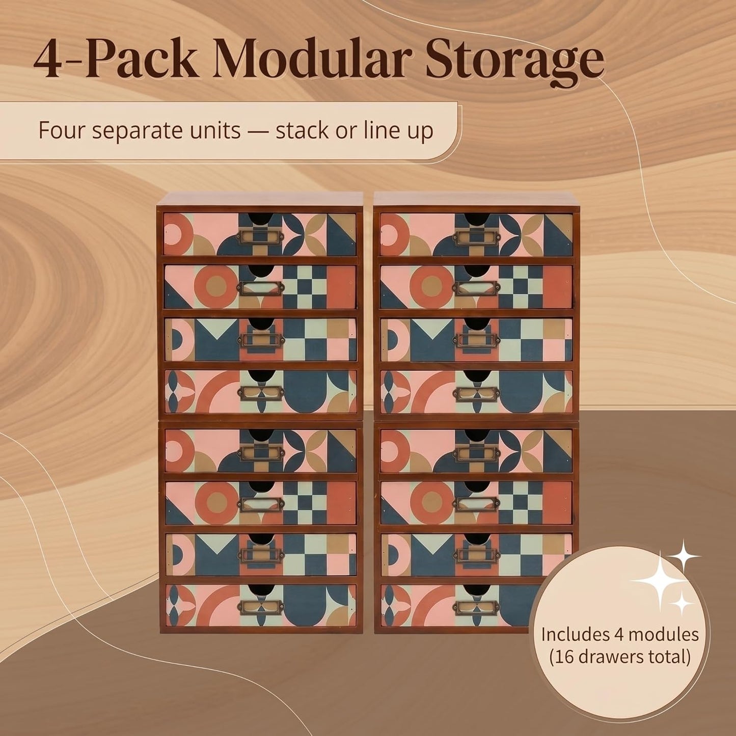 Mid-Century Modern 16-Drawer Wooden Organizer Set - Modular Stackable Desktop Storage Cabinet for Desk, Vanity, Kitchen, Crafts & Jewelry