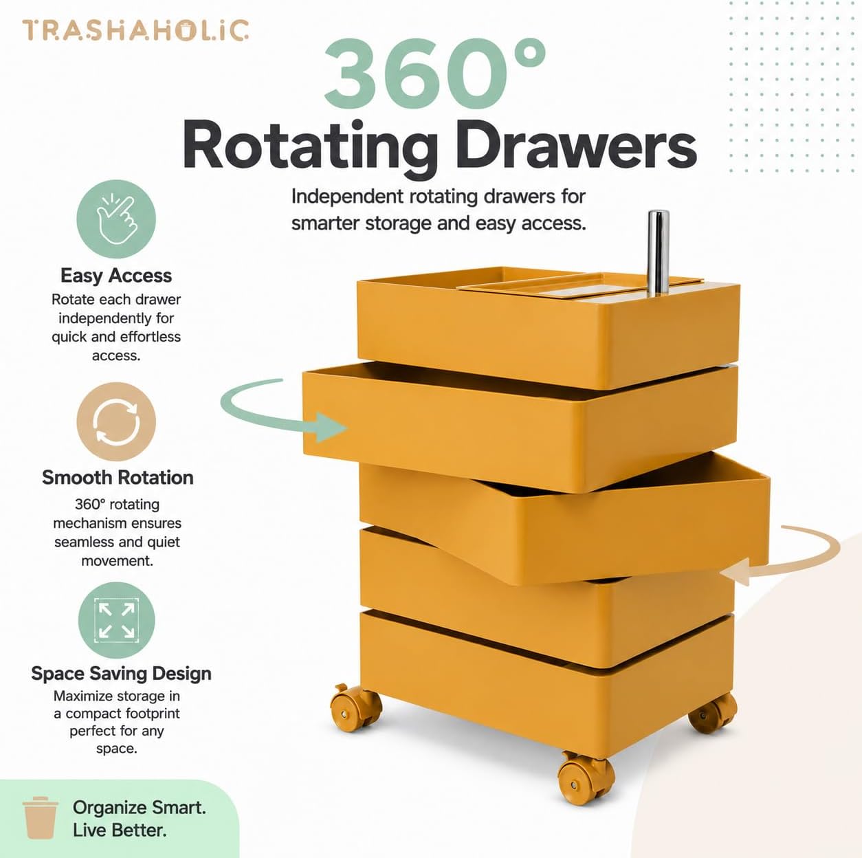 5-Tier Rotating Drawer Utility Cart with Locking Wheels for Crafts, Toys & Office Storage - Yellow