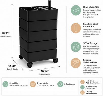 Mid-Century Modern 5-Drawer Rolling Utility Storage Cart with 360° Rotating Drawers & Locking Wheels - Black