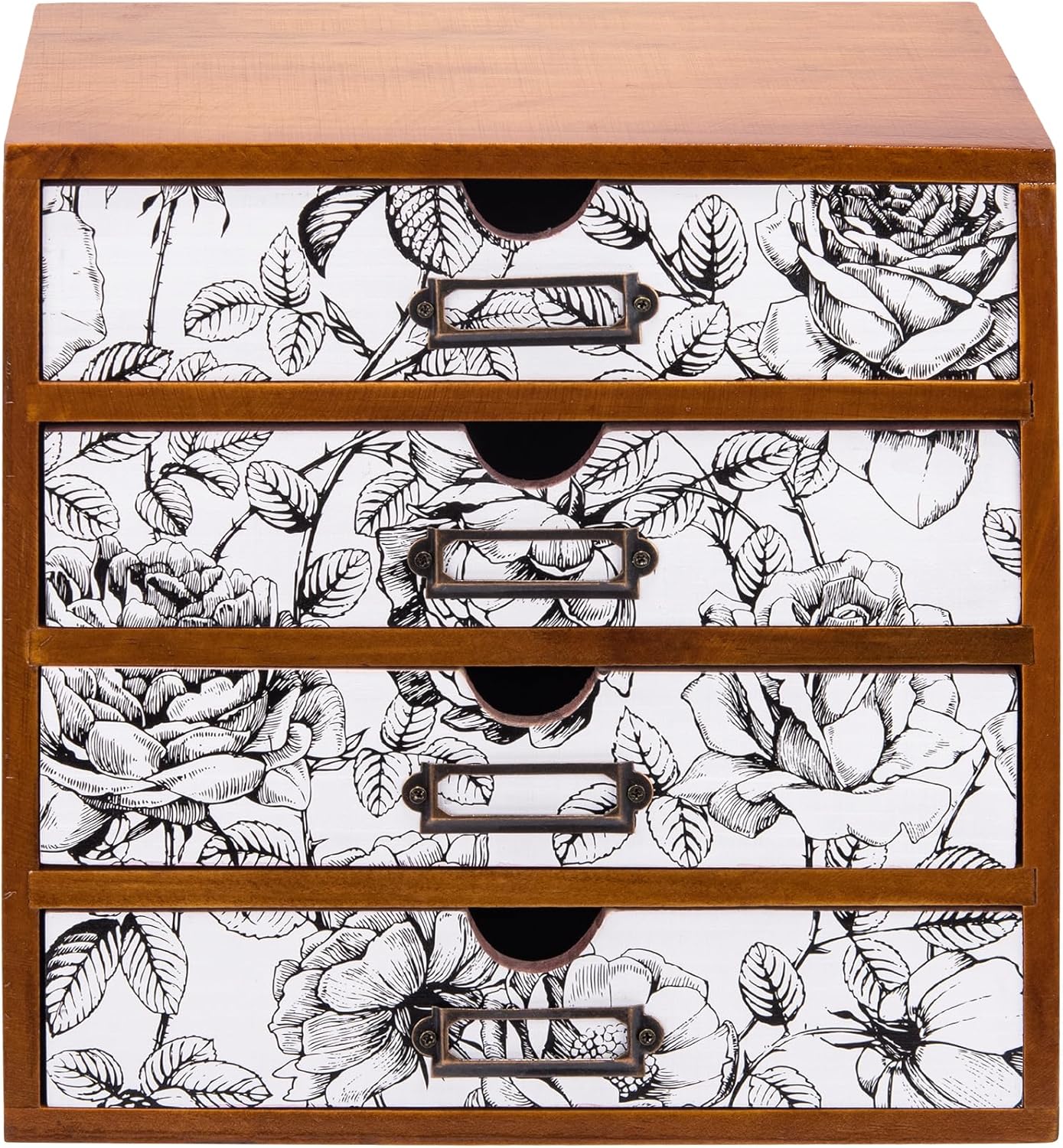 Load image into Gallery viewer, Desk Organizer with 4 Black &amp; White Floral Monochrome Drawers l Wood Desktop Organization Storage Box