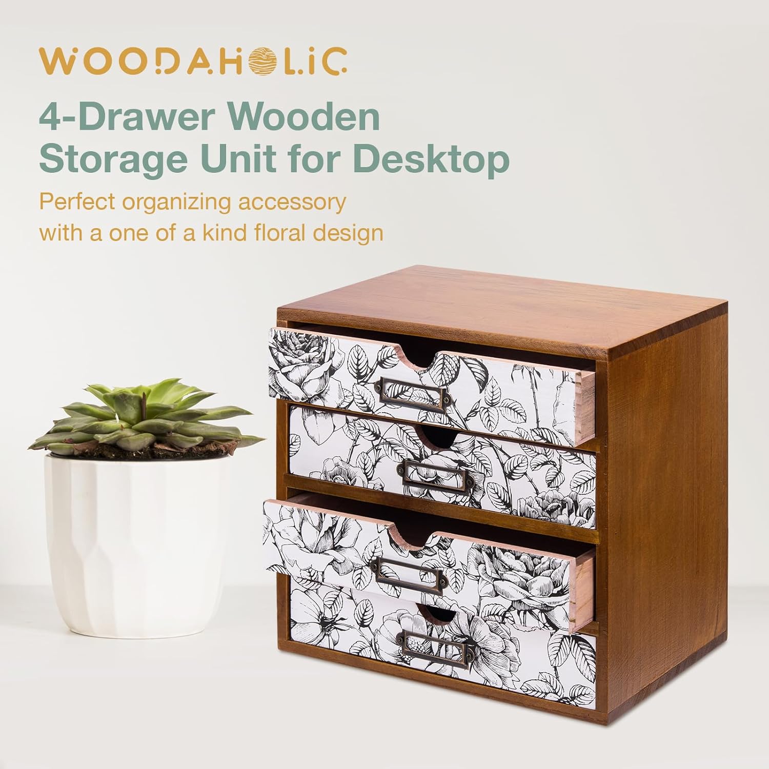 Load image into Gallery viewer, Desk Organizer with 4 Black &amp; White Floral Monochrome Drawers l Wood Desktop Organization Storage Box