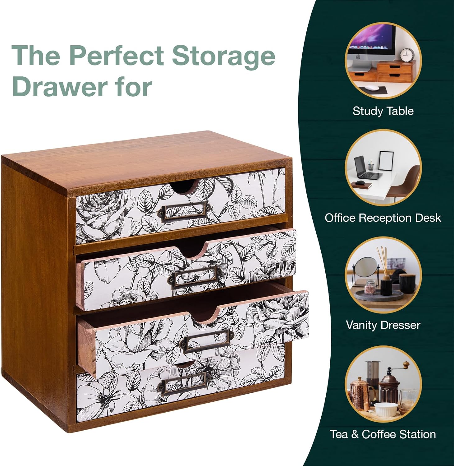 Load image into Gallery viewer, Desk Organizer with 4 Black &amp; White Floral Monochrome Drawers l Wood Desktop Organization Storage Box