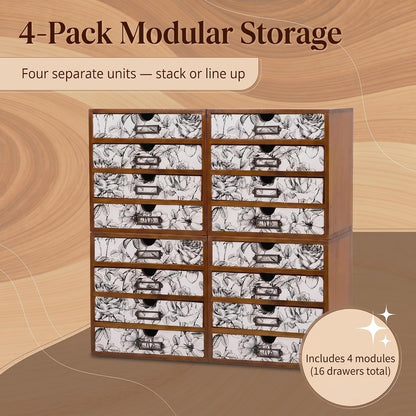 Black & White Floral 16-Drawer Wooden Organizer - Stackable Storage Cabinet with Label Holders for Stationery, Keepsakes, Sewing & Beauty Supplies