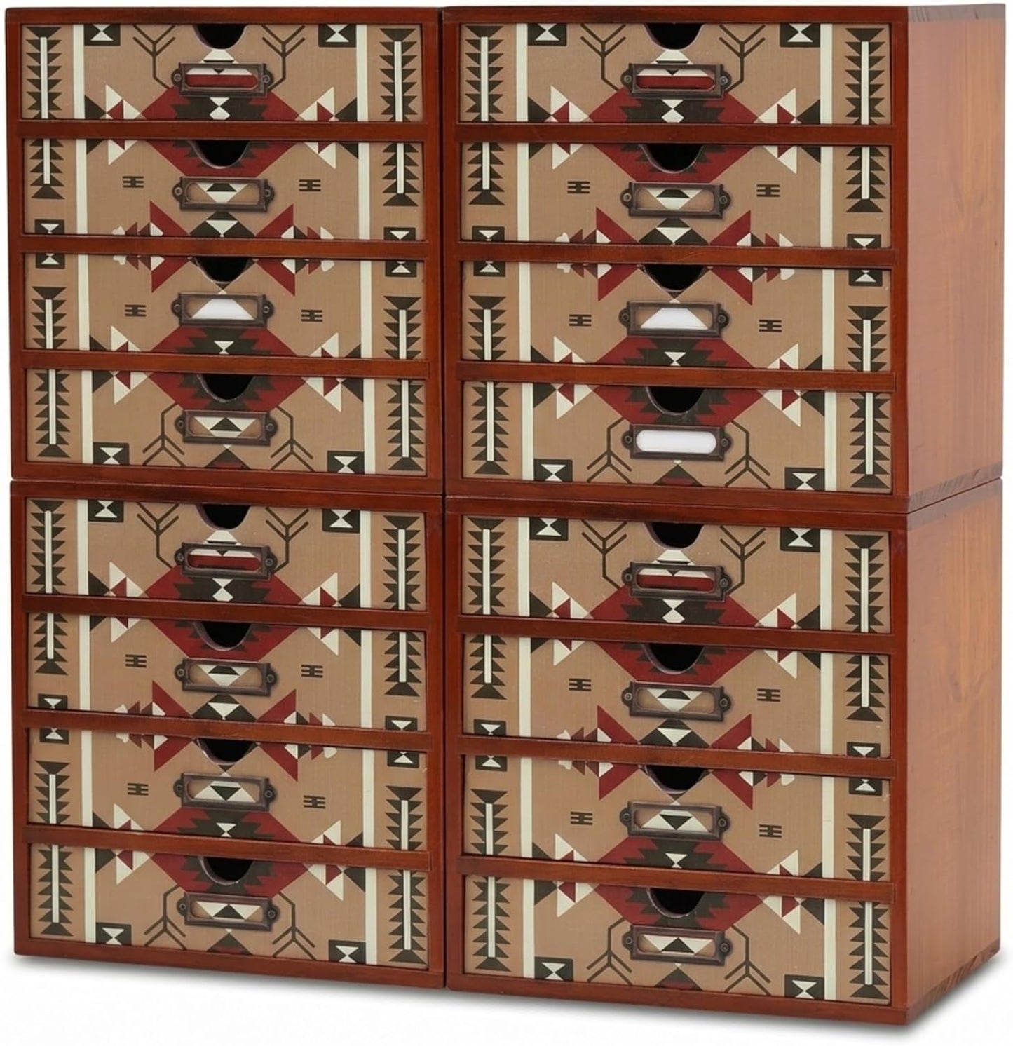 Southwestern Geometric 16-Drawer Wooden Organizer - Stackable Storage Cabinet with Label Pulls for Jewelry, Beads, Cables & Craft Supplies