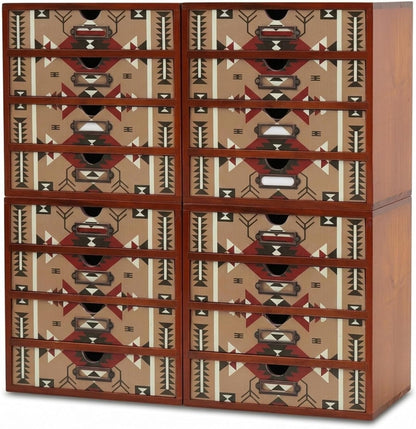 Southwestern Geometric 16-Drawer Wooden Organizer - Stackable Storage Cabinet with Label Pulls for Jewelry, Beads, Cables & Craft Supplies