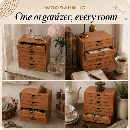 Stackable Vintage Wood 4 Drawer Desktop Wood Cabinet Organizer Box I Retro Craft Storage