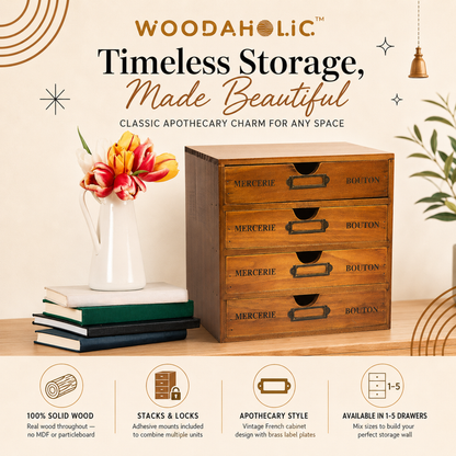 Stackable Vintage Wood 4 Drawer Desktop Wood Cabinet Organizer Box I Retro Craft Storage