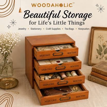 Stackable Vintage Wood 4 Drawer Desktop Wood Cabinet Organizer Box I Retro Craft Storage