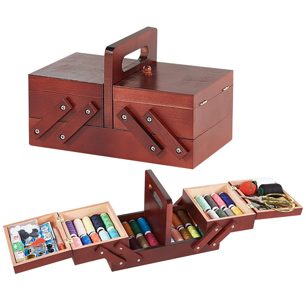 Foldable Expandable Sewing Thread Parts Craft Organizer Solid Wood Expands For Easy Storage