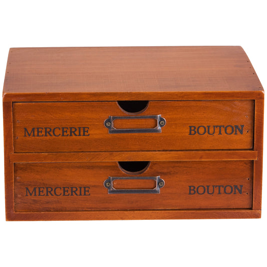 Stackable Vintage Wooden Storage Box | 2-Drawer Wood Cabinet Table Top Label Desk Organizer