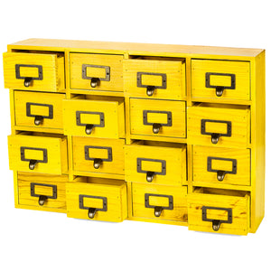 Yellow 16-Slot Wood Card Catalog Drawer Unit | Slim 4-Level Desk Apothecary Organizer