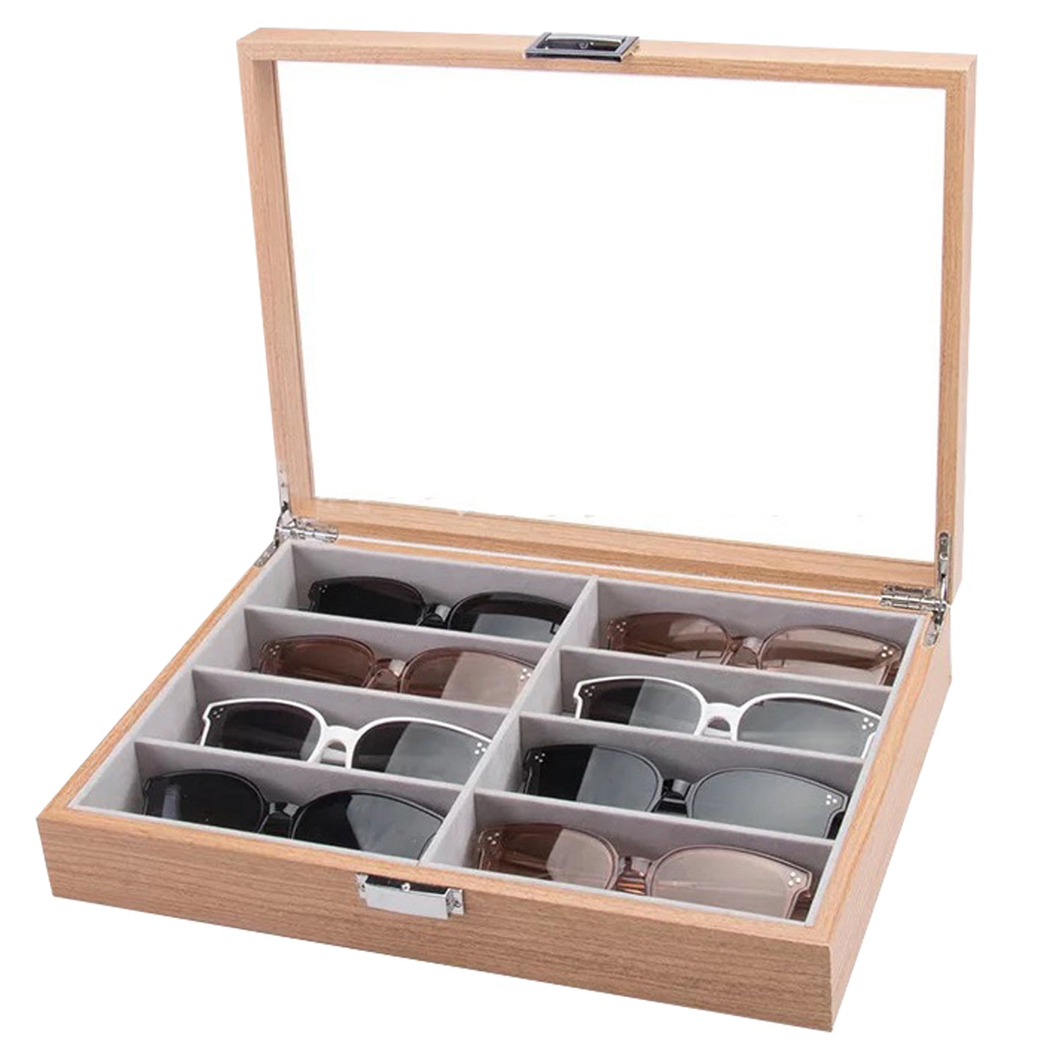 Load image into Gallery viewer, Sunglasses Organizer Display Case with 8 Slots | Sunglass Holder Wood Tray with Velvet Interior