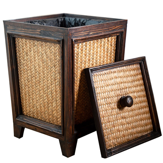 Rattan Basket Wooden Trash Can | Decorative Natural Wood Garbage Bin for Living Room