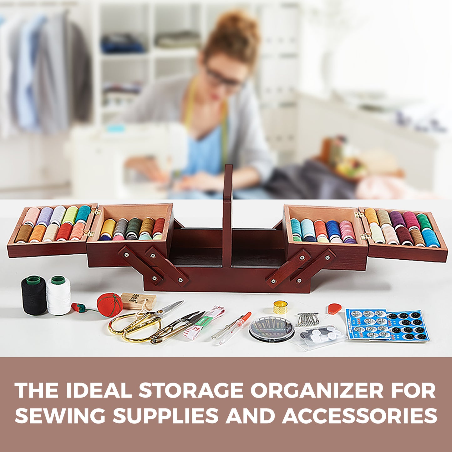 Foldable Expandable Sewing Thread Parts Craft Organizer Solid Wood Expands For Easy Storage