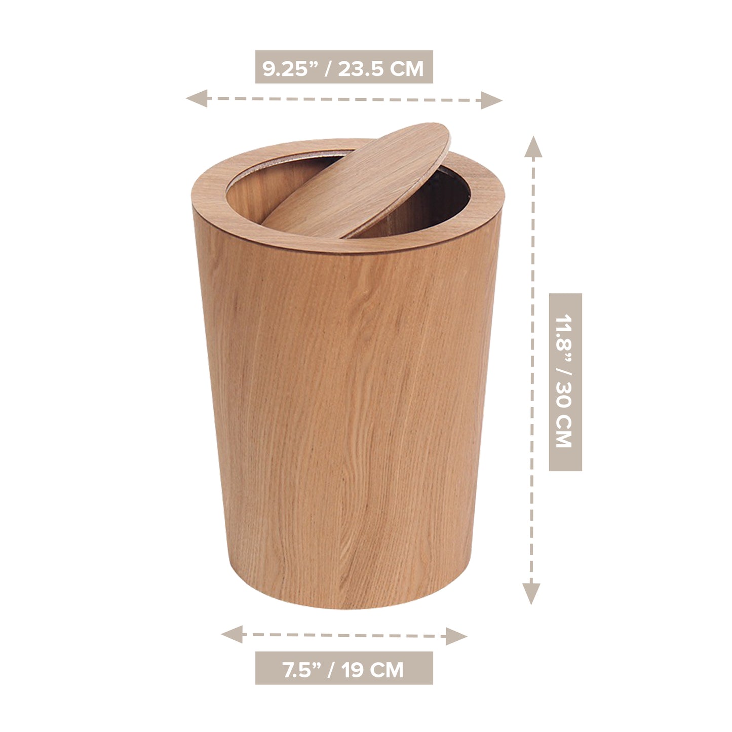 TRASHAHOLIC - Solid Wood Made Modern Round Trash Can with Lid | Swing Top Trash Can