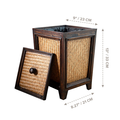 Rattan Basket Wooden Trash Can | Decorative Natural Wood Garbage Bin for Living Room