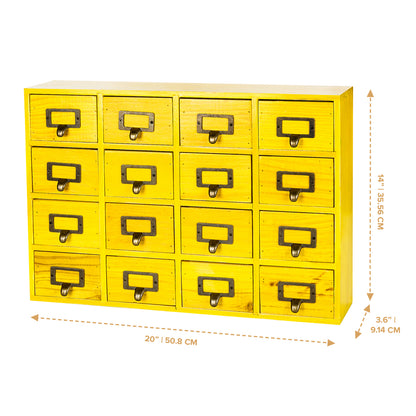 Yellow 16-Slot Wood Card Catalog Drawer Unit | Slim 4-Level Desk Apothecary Organizer