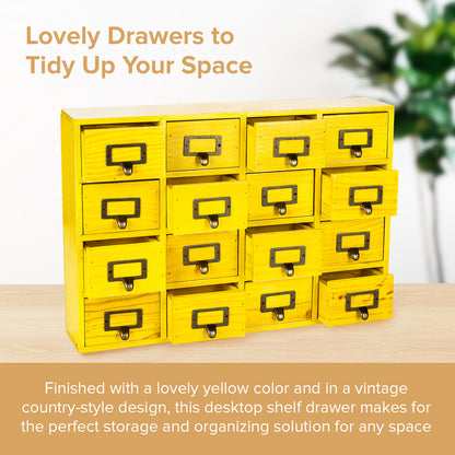 Yellow 16-Slot Wood Card Catalog Drawer Unit | Slim 4-Level Desk Apothecary Organizer