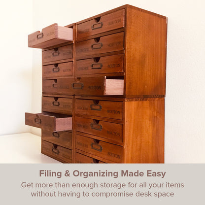 16-Drawer Wooden Card Catalog Storage Box | Vintage Slide Out Cabinet in Retro Wood