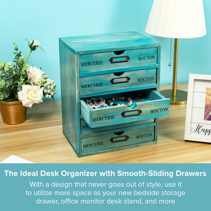 Teal 5-Drawer Wood Desktop Vintage Organizer | French Euro Farmhouse Storage Shelf Cabinet