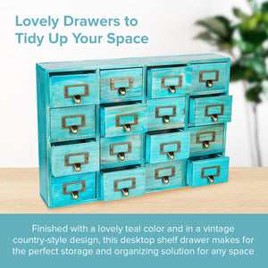 Teal Turquoise Vintage Wood 16 Mini Card Catalog Drawers Apothecary Cabinet I Organize Your Desktop