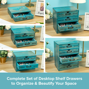5x Desktop Full Set Storage Drawer | Mix and Match Wood Organizer Table Top Cabinet Teal