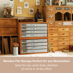 Wooden File Organizer with 4 Metal Drawers | Industrial Steampunk Decor Folder File Organizer