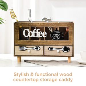 Coffee Storage Station Wooden Box Drawer Organizer | 2 Drawer Tea Dispenser Box Condiments