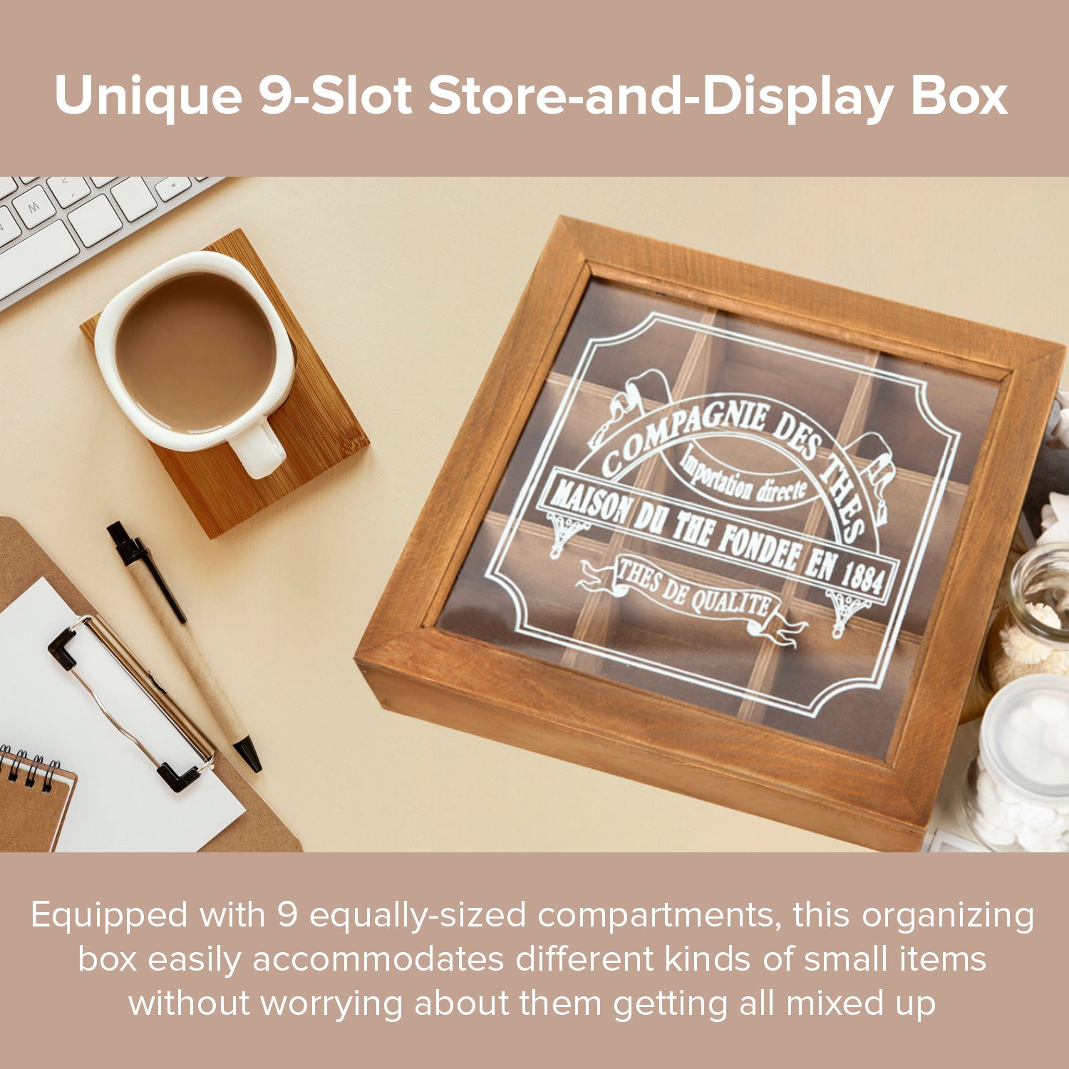 Load image into Gallery viewer, 9-Slot Wood Glass Storage Box | Square Wood Organizer Box with Dividers Clear Display See Thru