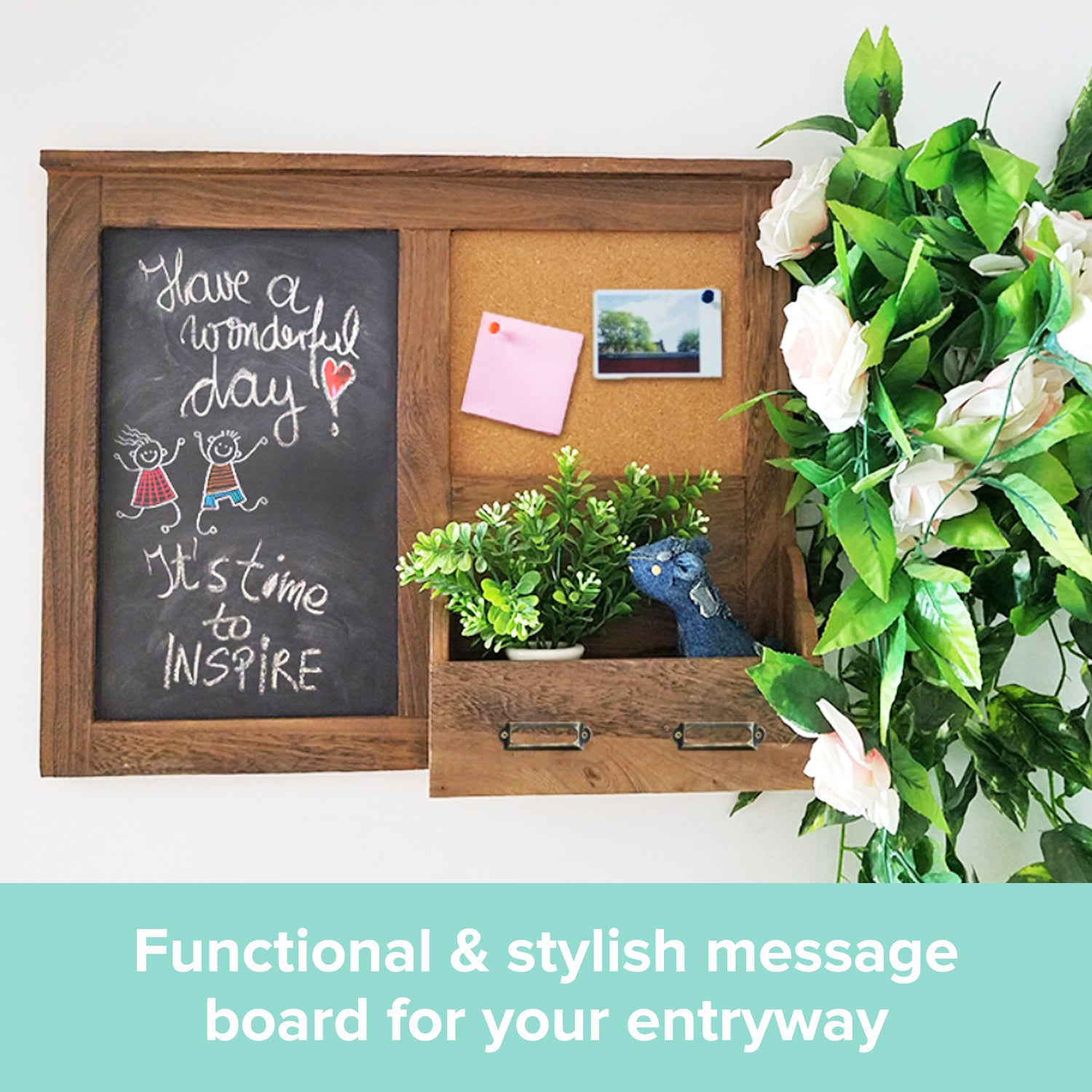 Load image into Gallery viewer, Wood Note Board Entryway Organizer With Chalkboard &amp; Corkboard Wall Mount Organizer Storage