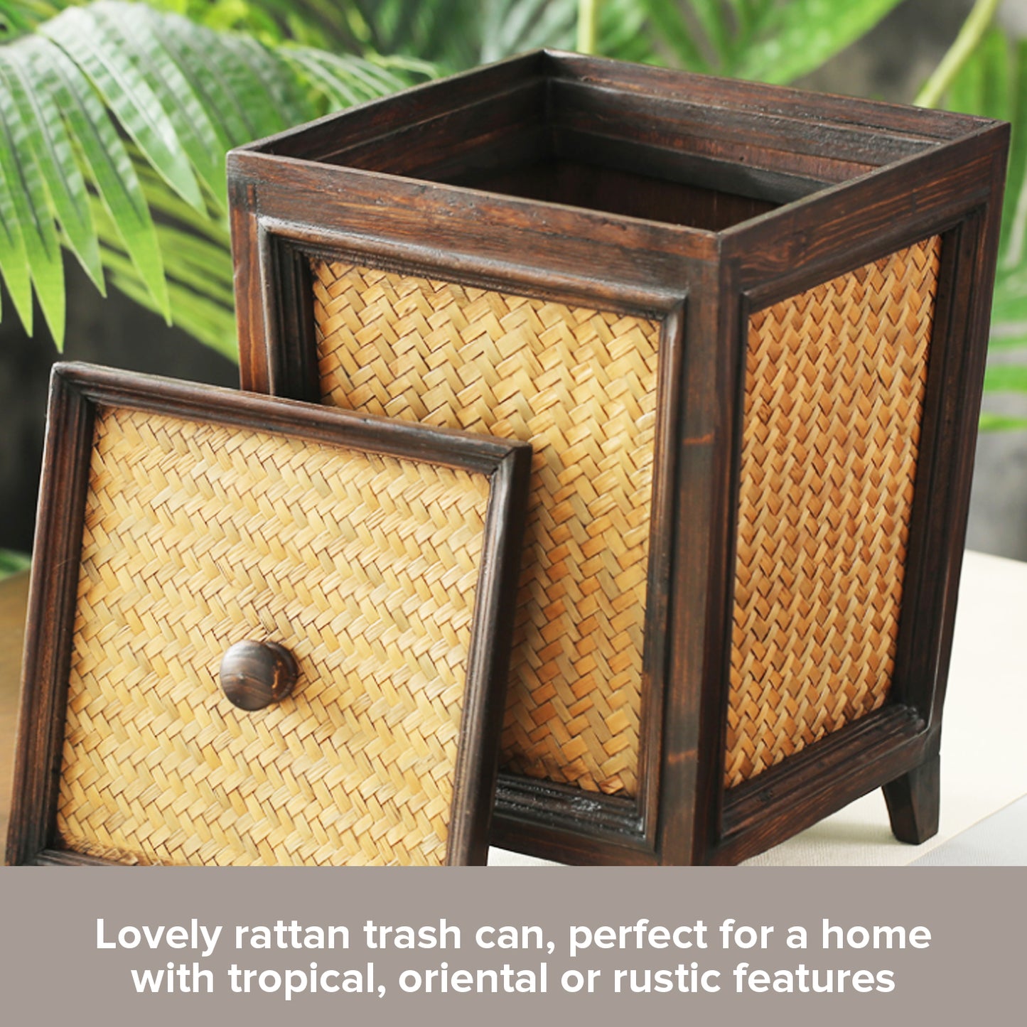 Rattan Basket Wooden Trash Can | Decorative Natural Wood Garbage Bin for Living Room