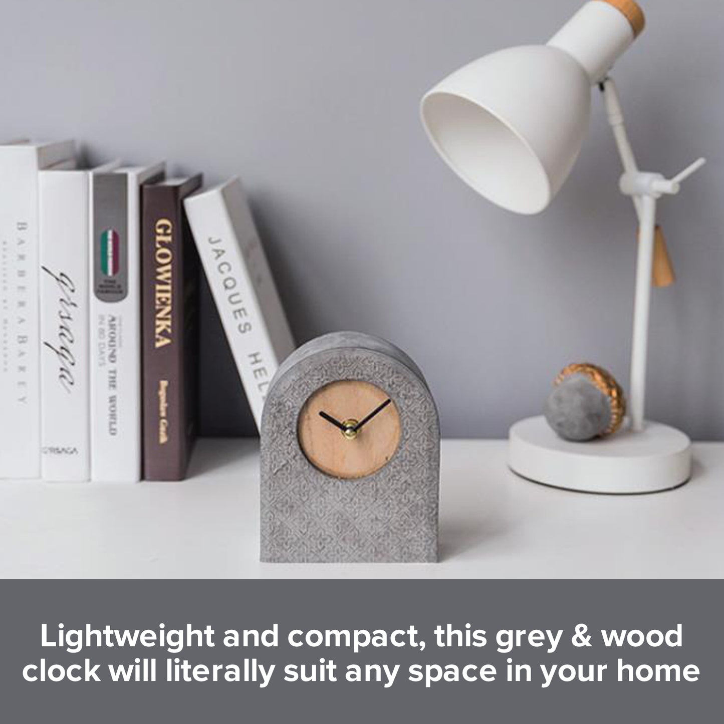 Non-ticking Nordic Style Small Desk Clock | Battery-Powered Grey Cement-Style Mantle Clock