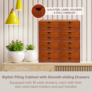 16-Drawer Wooden Card Catalog Storage Box | Vintage Slide Out Cabinet in Retro Wood