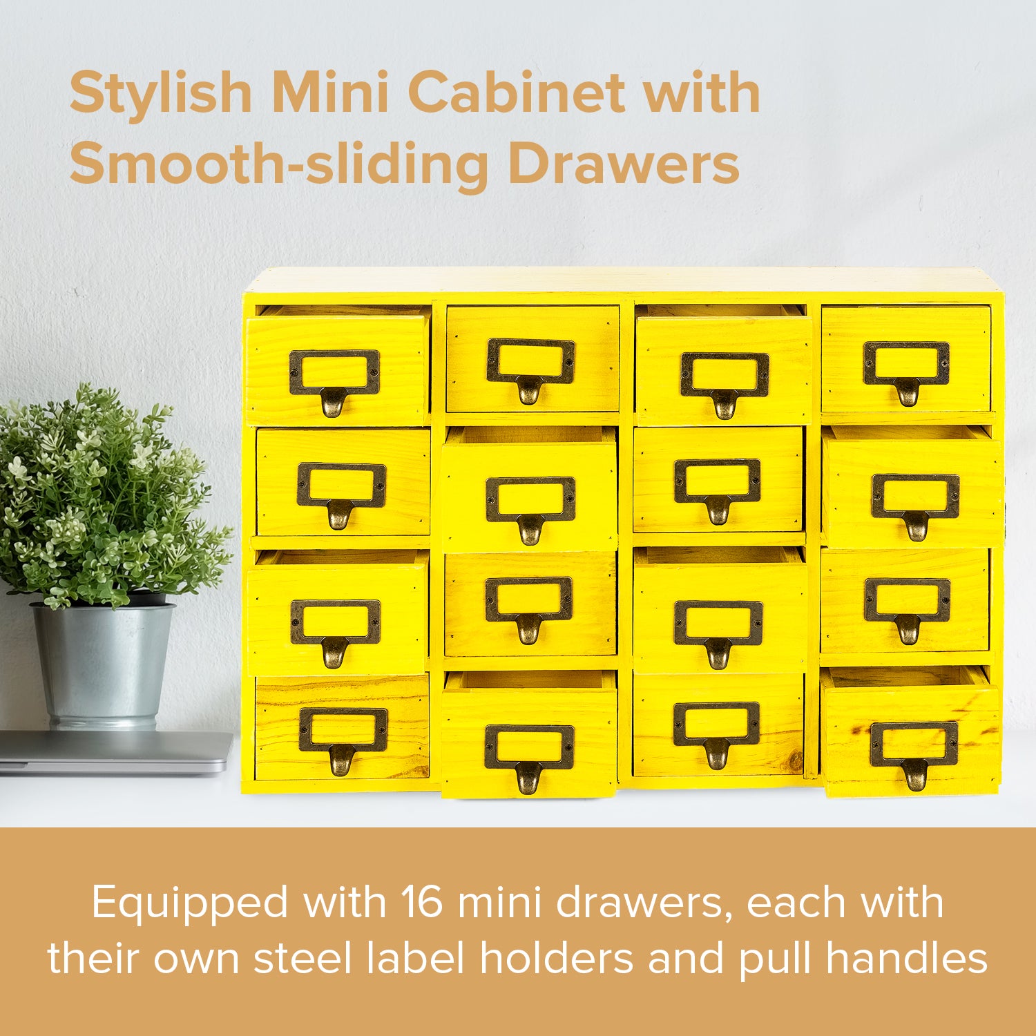 Load image into Gallery viewer, Yellow 16-Slot Wood Card Catalog Drawer Unit | Slim 4-Level Desk Apothecary Organizer