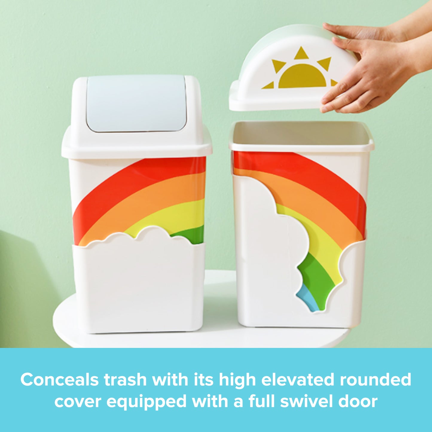 TRASHAHOLIC - Rainbow Trash Can for Kids Room Nursery | Wastebasket With Swing Top Cover