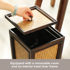 Rattan Basket Wooden Trash Can | Decorative Natural Wood Garbage Bin for Living Room
